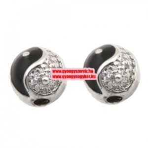 Kiárusítás! Cirkon kristályos gyöngy. Yin-yang. 12mm. Ezüst-fekete szín.