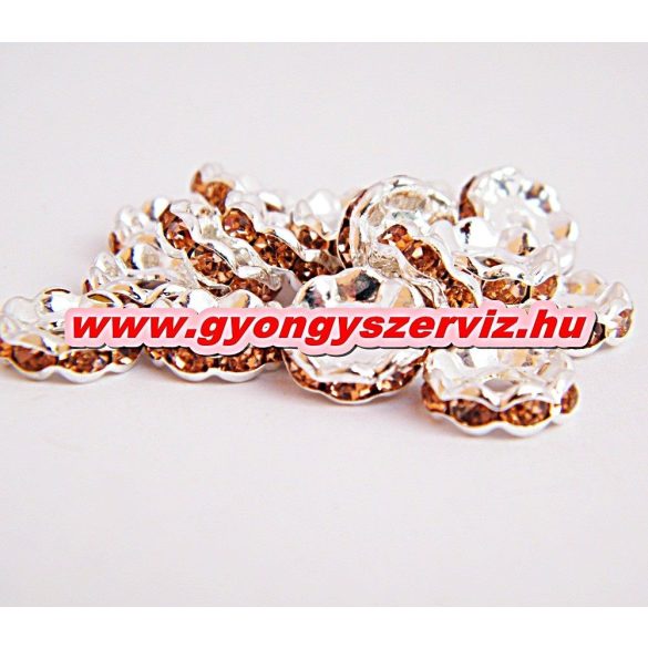 100db. Strasszos fém köztes gyöngy. Rondell. 10x3mm. Barack. AAA.  