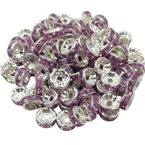 100db. Strasszos fém köztes gyöngy. Rondell. Rózsaszín. 8x3.5mm. AAA.  