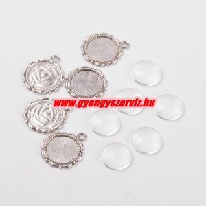 10 szett. Kaboson alap + üveglencse szett. 14mm. Antik ezüst szín. 