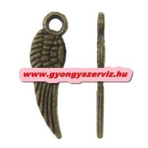 Fém medál, fityegő. Angyal szárny. 5x17 mm. Antik bronz szín. 100db.