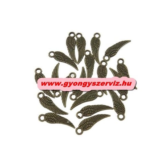 Fém medál, fityegő. Angyal szárny. 5x17 mm. Antik bronz szín. 100db.