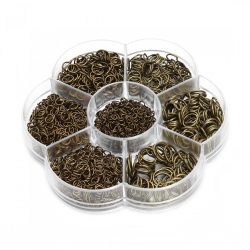   Nyitott szererő karika. 3-10mm. 1450db + ajándék tároló doboz. Antik bronz szín.