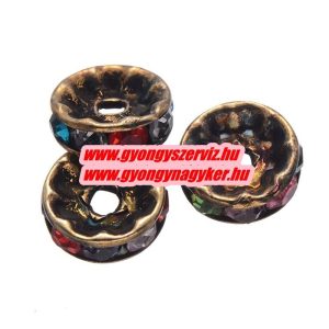 100db. . Strasszos köztes gyöngy, rondella. 10x2mm. Antik bronz, szívárvány. AAA.  