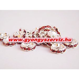 100db. Strasszos fém köztes gyöngy. Rondell. 10x3mm. Rózsaszín. AAA. 
