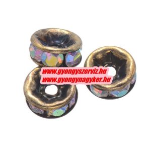 100db. . Strasszos köztes gyöngy, rondella. 6mm. Antik bronz-irrizáló.