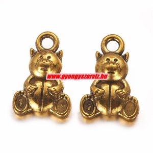 Fém medál, fityegő. Maci. 16x10mm. Antik arany szín. 10db.
