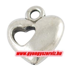 Fém medál, fityegő. Dupla szív. 11x13mm. Antik ezüst szín. 10db.