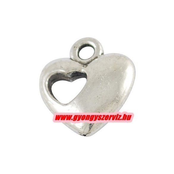 Fém medál, fityegő. Dupla szív. 11x13mm. Antik ezüst szín. 10db.