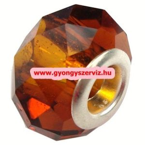 Pandora stílusú üveggyöngy. Csiszolt kristálygyöngy. Borostyán.  10 db/csomag.