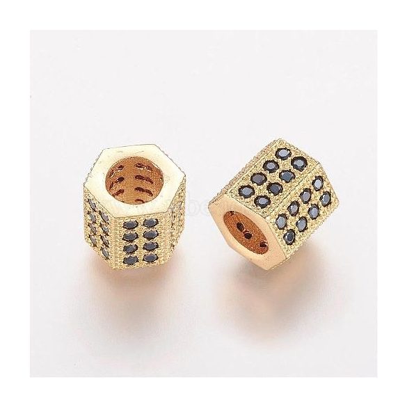 Cirkon kristályos, hexagon köztes gyöngy. 7.1x7.3mm. Arany szín, fekete kristály.