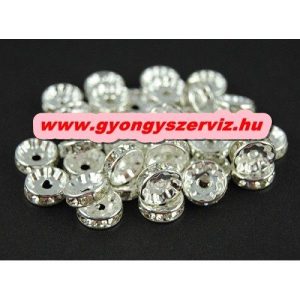 Strasszos fém köztes gyöngy. Rondell. 8x3mm. Ezüst szín.  100db/csomag.