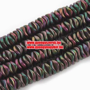 Leárazás! 1 szál.Hematit hullámos tallér. Sötét szívárvány. 6x1.5mm.