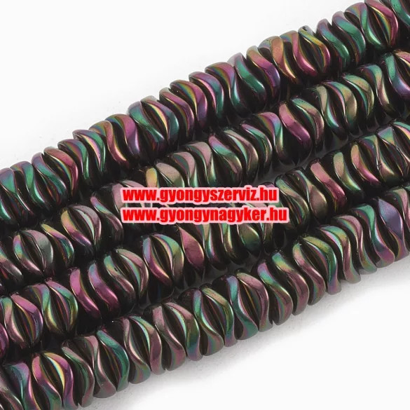 Leárazás! 1 szál.Hematit hullámos tallér. Sötét szívárvány. 6x1.5mm.