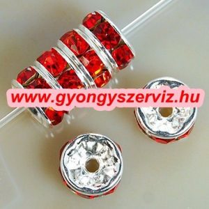 100db. Strasszos fém köztes gyöngy. Rondell. Piros. 8x3.5mm. AAA. 