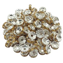   100db. Strasszos fém köztes gyöngy. Rondell. Arany. 8x3.5mm. AAA. 