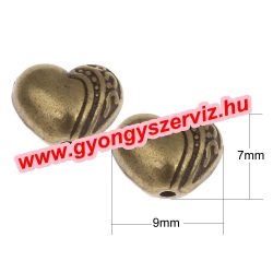   Szív. 9x7x5mm.  Antik bronz szín. Fémgyöngy, köztes gyöngy. 10db/csomag.