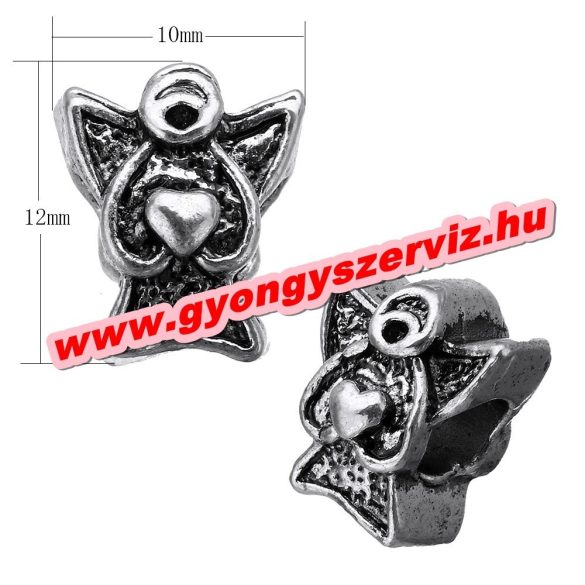 Pandora stílusú fémgyöngy. Charm. Angyal szívvel. 10x12x10mm.  10db.