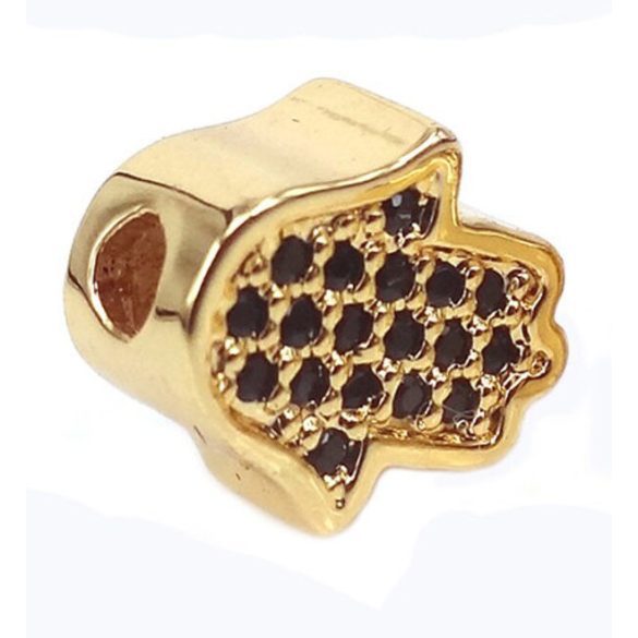 Kiárusítás! Cirkon hamza kéz, köztes gyöngy. Arany szín, fekete kristály.