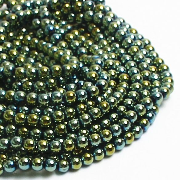 Hematit ásványgyöngy. 8mm. Zöld, arany szín. 1 szál