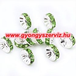  Strasszos fém köztes gyöngy. Rondell. Világoszöld. 6x3mm. AAA.  100db/csomag.