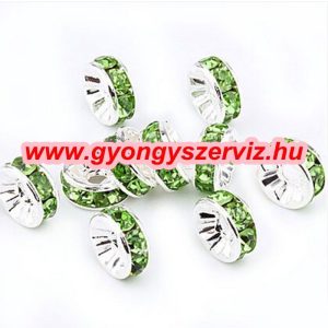 Strasszos fém köztes gyöngy. Rondell. Világoszöld. 6x3mm. AAA.  100db/csomag.