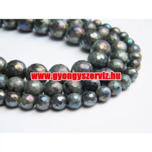 1 szál. Csiszolt larvikit aura ásványgyöngy. 8mm.