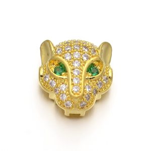 Kiárusítás! Cirkon leopárd fej gyöngy. Arany szín, zöld szem.