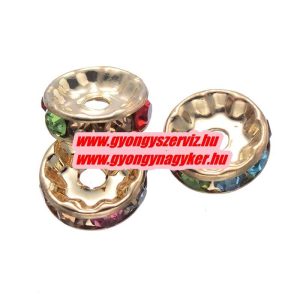 100db. . Strasszos köztes gyöngy, rondella. 10x2mm. Arany, szívárvány. AAA.  