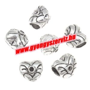 Pandora stílusú fémgyöngy. Szívecskés. Pandora köztes.  10db.