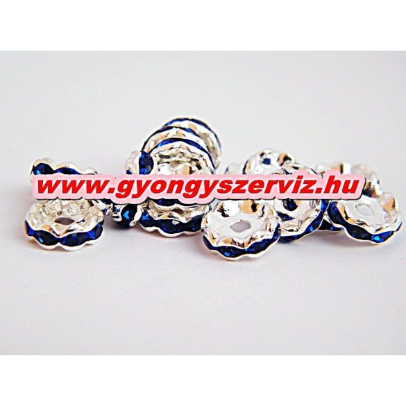 100db. Strasszos fém köztes gyöngy. Rondell. 10x3mm. Sötétkék. AAA.