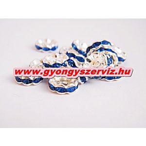 100db. Strasszos fém köztes gyöngy. Rondell. 10x3mm. Világoskék. AAA.  