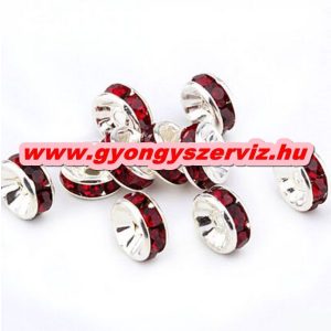 Strasszos fém köztes gyöngy. Rondell. 6x3mm. Piros. AAA.  100db/csomag.