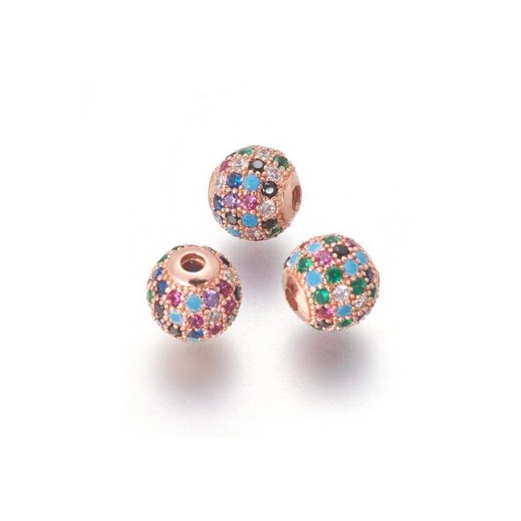 Kiárusítás! Cirkon kristályos gyöngy. 8mm. Rózsaarany szín, multi kristály.