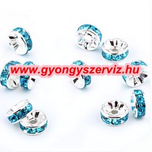 Strasszos fém köztes gyöngy. Rondell. Türkiz. 6x3mm. AAA.  100db/csomag.
