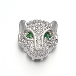   Kiárusítás! Cirkon leopárd fej gyöngy. Platina szín, zöld szem.