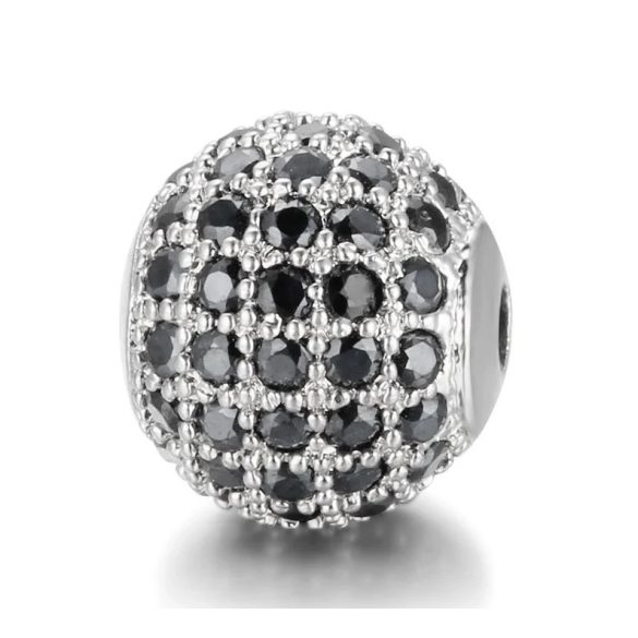 Kiárusítás! Cirkon köztes gyöngy. 10mm. Ezüst szín, fekete kristály.