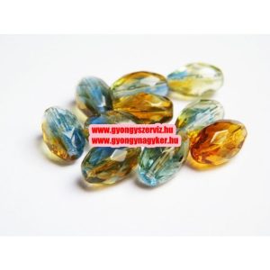 Cseh csiszolt üveggyöngy. 12x8mm. Kék és borostyán. 10db/csomag.