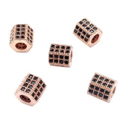   Kiárusítás! CIRKON KRISTÁLYOS, HEXAGON KÖZTES GYÖNGY. 7.3X7.8MM. Rózsaarany szín, fekete kristály.