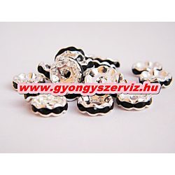   100db. Strasszos fém köztes gyöngy. Rondell. 10x3mm. Fekete. AAA.  