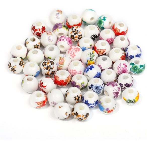 50db. Porcelán gyöngy. 10mm. Virágok. Mix.