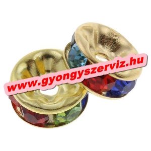 100db. Strasszos fém köztes gyöngy. Rondell. 8x3mm. Arany, szívárvány. AAA.  
