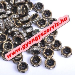 100db. Strasszos fém köztes gyöngy. Rondell. 8x3.5mm. Antik bronz szín.  