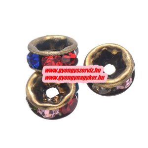 100db. . Strasszos köztes gyöngy, rondella. 6mm. Antik bronz, szívárvány. AAA.  