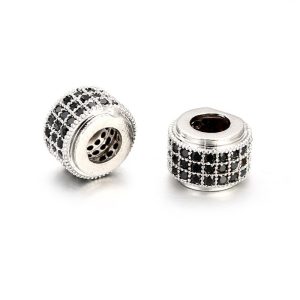 Kiárusítás! Cirkon köztes gyöngy. 9x6mm. Platina szín, fekete kristály.