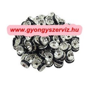100db. Strasszos fém köztes gyöngy. Rondell. Fekete. 8x3.5mm. AAA.  